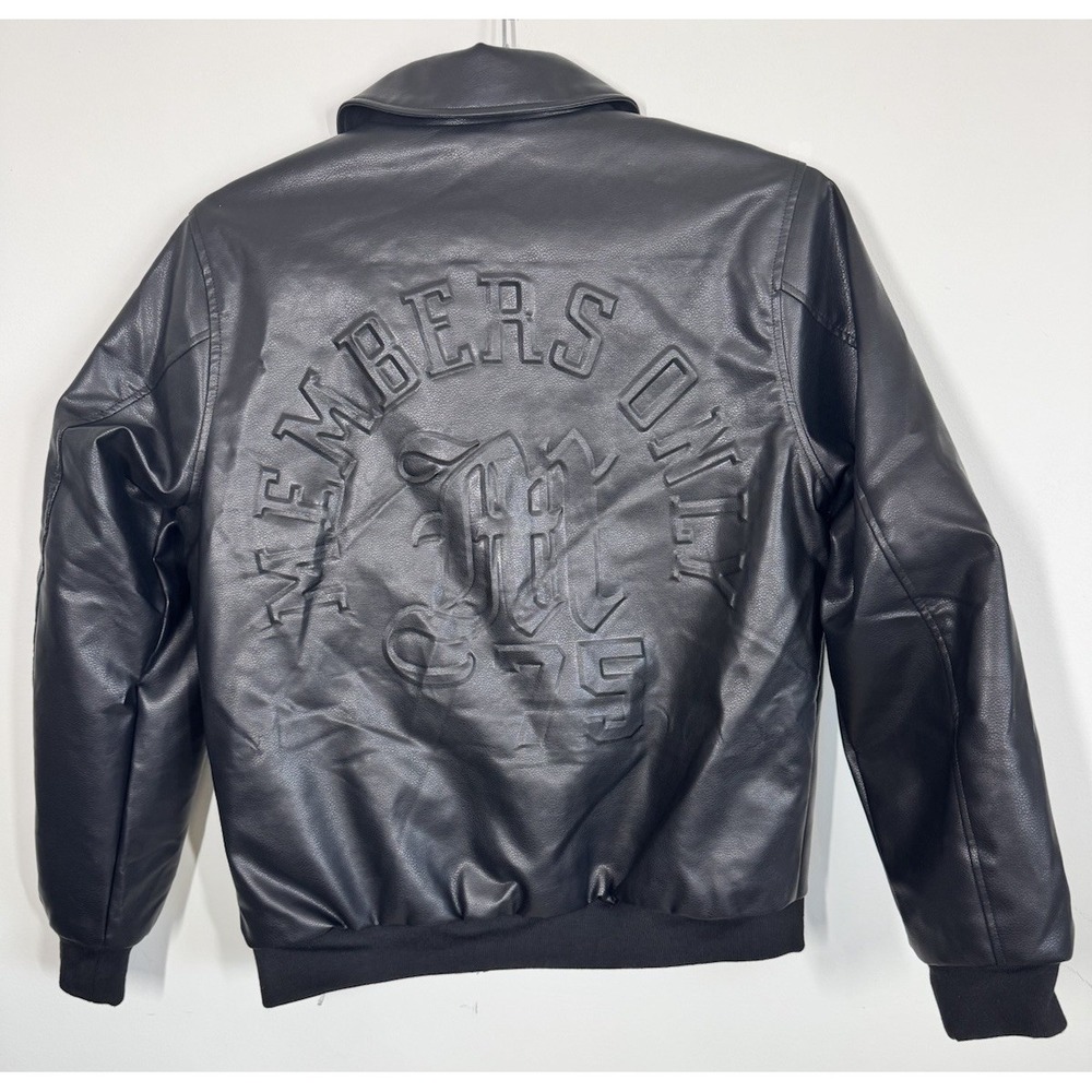 Members Only Mens Black Faux Leather Embossed Varsity Jacket Size M Lined Sporty - Picture 3 of 13